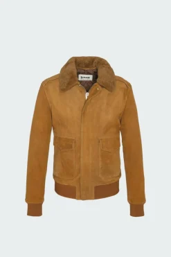 Blouson aviateur ajusté col mouton amovible en daim | Rouge*SCHOTT New