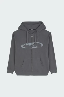 OVAL GLOBE WAFFLE ZIP-UP HOODIE - Hoodie | Gris*LOST MANAGEMENT CITIES Best