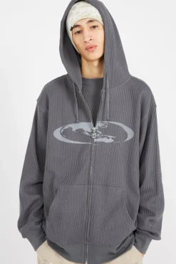 OVAL GLOBE WAFFLE ZIP-UP HOODIE - Hoodie | Gris*LOST MANAGEMENT CITIES Best