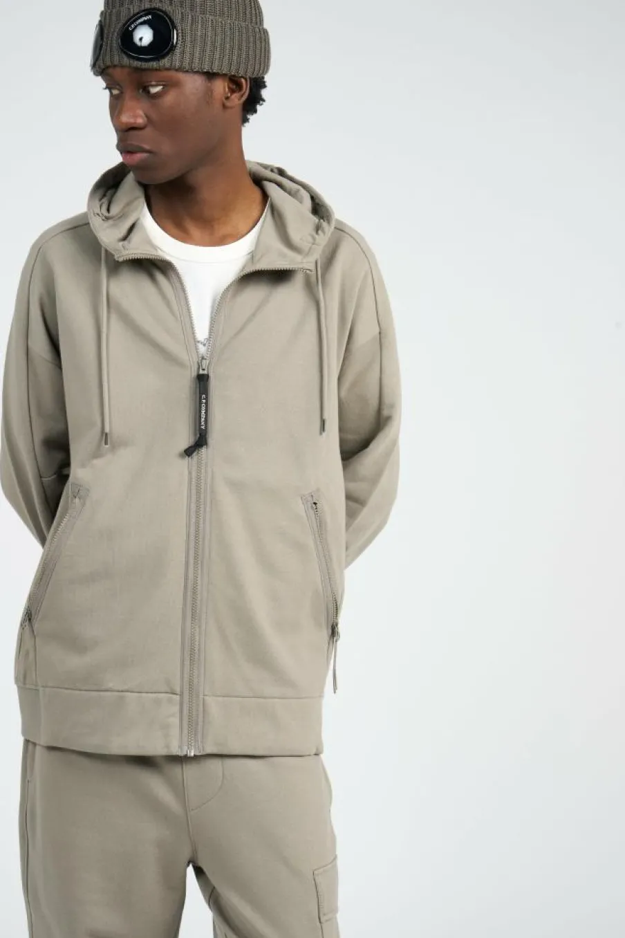 SWEATSHIRTS HOODED OPEN IN DIAGONAL RAISED FLEECE - Hoodie zippé | Kaki*C.P. COMPANY Clearance